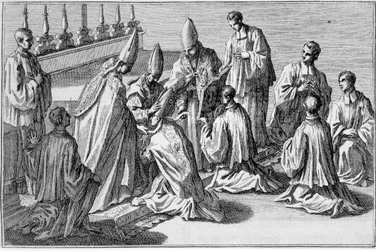 Ordinazione dei vescovi: imposizione della mitra (stampa) - ambito romano (sec. XVIII)