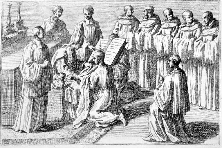 Benedizione dell'abate: consegna dei paramenti (stampa) - ambito romano (sec. XVIII)