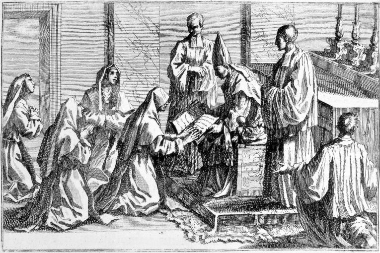Benedizione della badessa: giuramento della badessa sull'evangelario (stampa) - ambito romano (sec. XVIII)