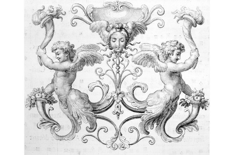 Figure fantastiche con cornucopie (stampa) - ambito romano (sec. XVIII)