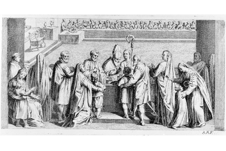 Il sacramento della cresima: il vescovo segna i cresimandi (stampa) di Rossi Andrea (sec. XVIII)