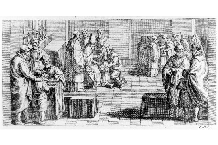 Il sacramento della cresima: il vescovo segna i cresimandi con l'olio cresimale (stampa) di Rossi Andrea (sec. XVIII)