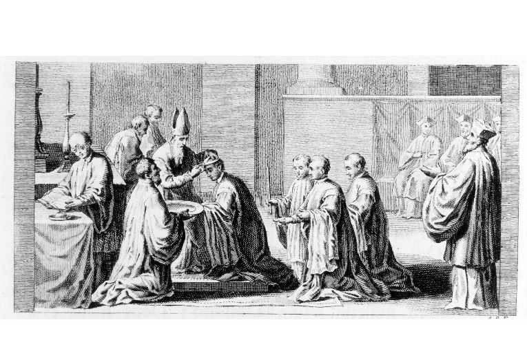 Il sacramento dell'ordinazione: tonsura degli ordinandi (stampa) di Rossi Andrea (sec. XVIII)