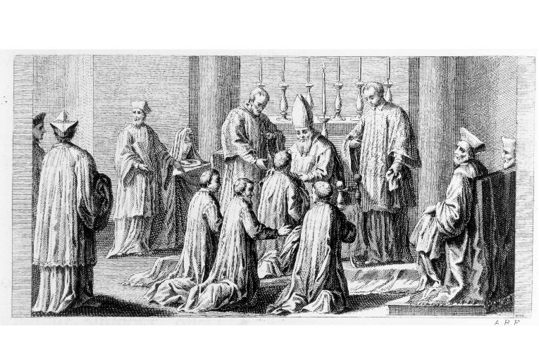 Il sacramento dell'ordinazione: consegna della mozzetta (stampa) di Rossi Andrea (sec. XVIII)