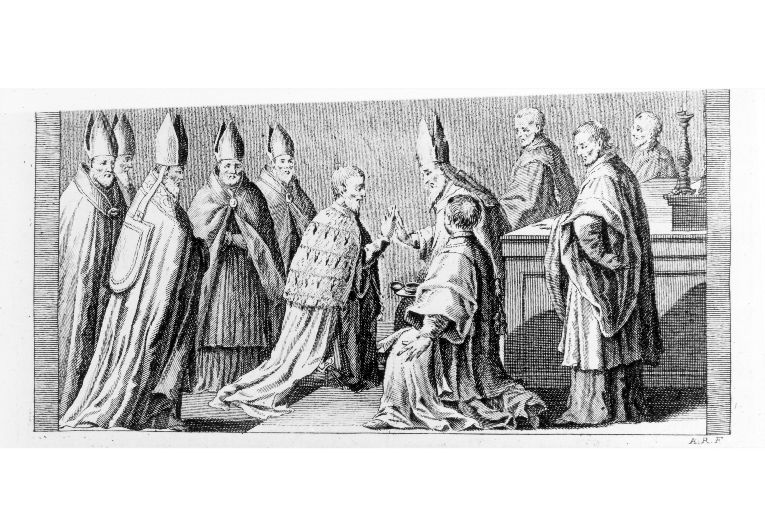 Incoronazione del re: unzione della mano destra con l'olio dei catecumeni (stampa) di Rossi Andrea (sec. XVIII)