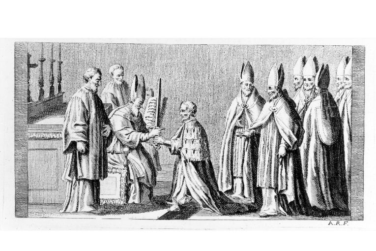 Incoronazione del re: consegna della spada (stampa) di Rossi Andrea (sec. XVIII)