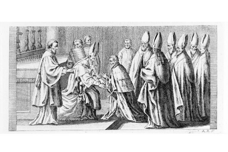 Incoronazione del re: il consacrante rinfodera la spada (stampa) di Rossi Andrea (sec. XVIII)