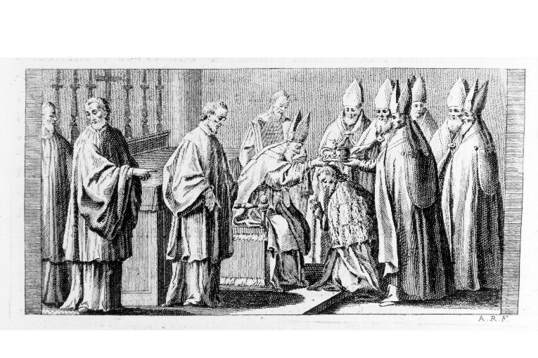 Incoronazione del re: imposizione della corona (stampa) di Rossi Andrea (sec. XVIII)