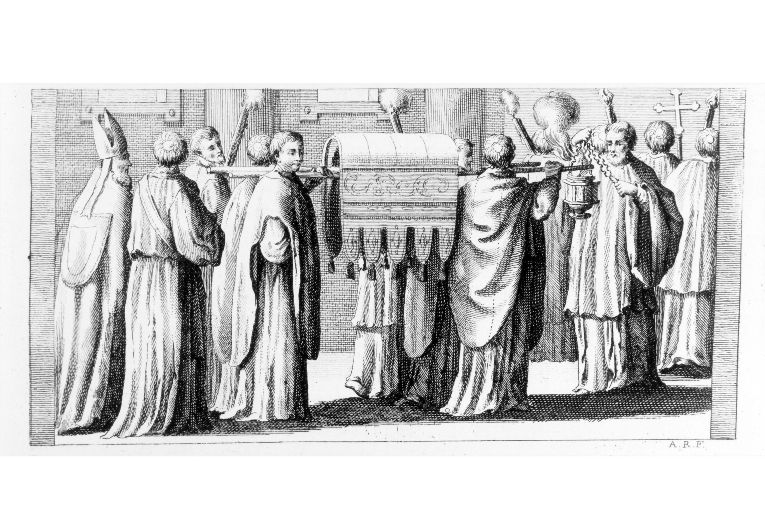 Consacrazione della nuova chiesa: processione delle reliquie (stampa) di Rossi Andrea (sec. XVIII)