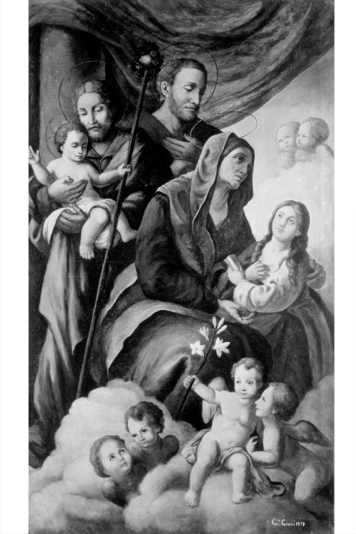 Sant'Anna con Maria Vergine bambina, San Gioacchino, San Giuseppe e Gesù B ambino (dipinto) di Grassi Giovanni jr (sec. XIX)