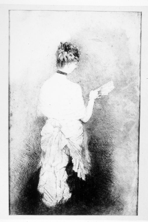 Signora con ventaglio, figura femminile di spalle (disegno) di De Nittis Giuseppe Gaetano (sec. XIX)