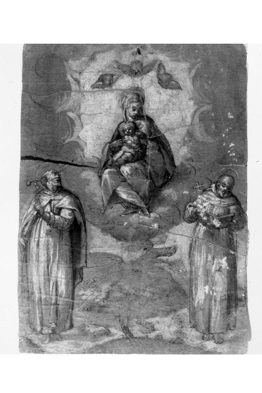Madonna con Bambino e i santi. Pietro Martire e Francescod'Assisi/ Nudo virile (disegno) - ambito italiano (sec. XVII)