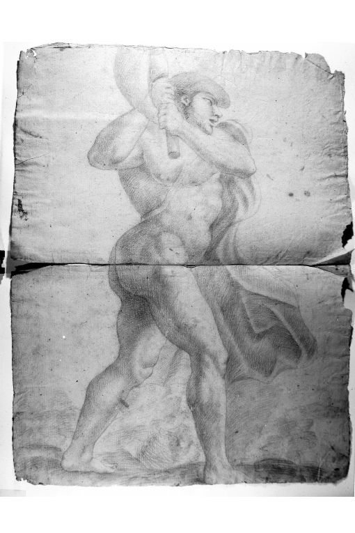 Nudo virile vessillifero/ Nudo virile vessillifero (disegno) - ambito italiano (sec. XVII)