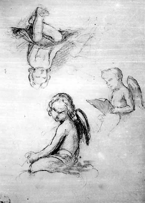 studio di tre piccoli angeli (disegno preparatorio) di De Napoli Michele (attribuito) (sec. XIX)