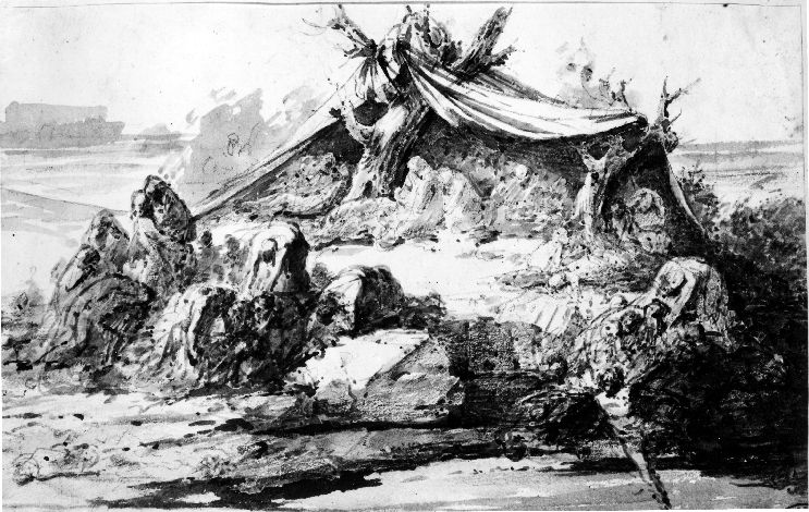 studio di paesaggio con figure e tenda (disegno) di De Napoli Michele (attribuito) (sec. XIX)