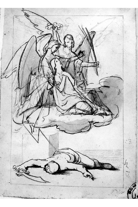 studio di martire che viene portata in paradiso (disegno) di De Napoli Michele (attribuito) (metà sec. XIX)
