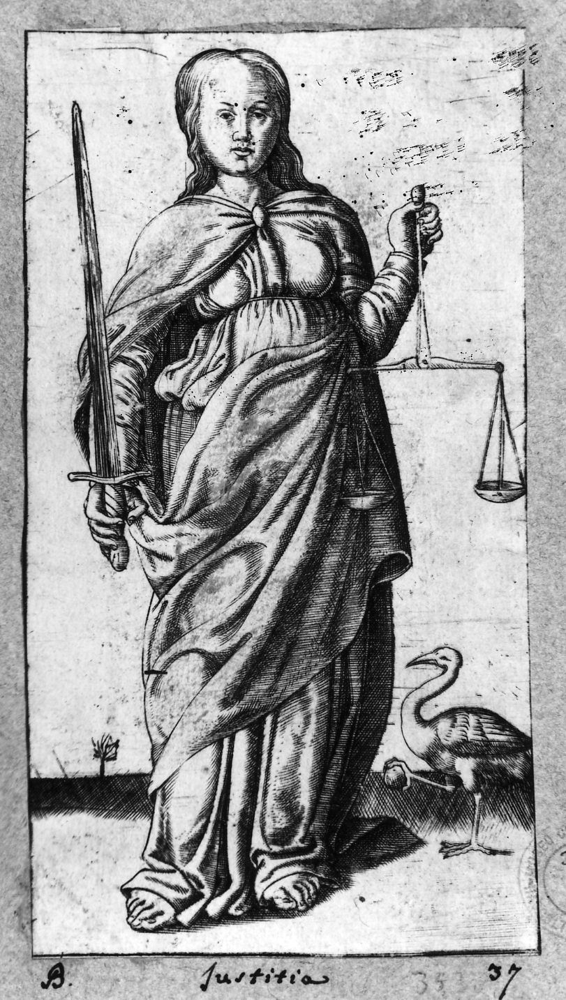 Giustizia/ Gli Spiriti e le Virtù, giustizia (stampa smarginata, serie) di Ladenspelder Johann (sec. XVI)