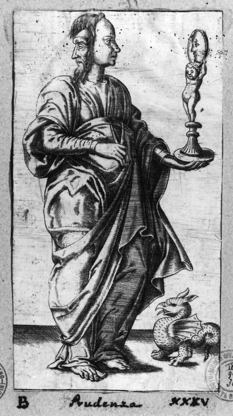Prudenza/ Gli Spiriti e le Virtù, Prudenza (stampa smarginata, serie) di Ladenspelder Johann (sec. XVI)