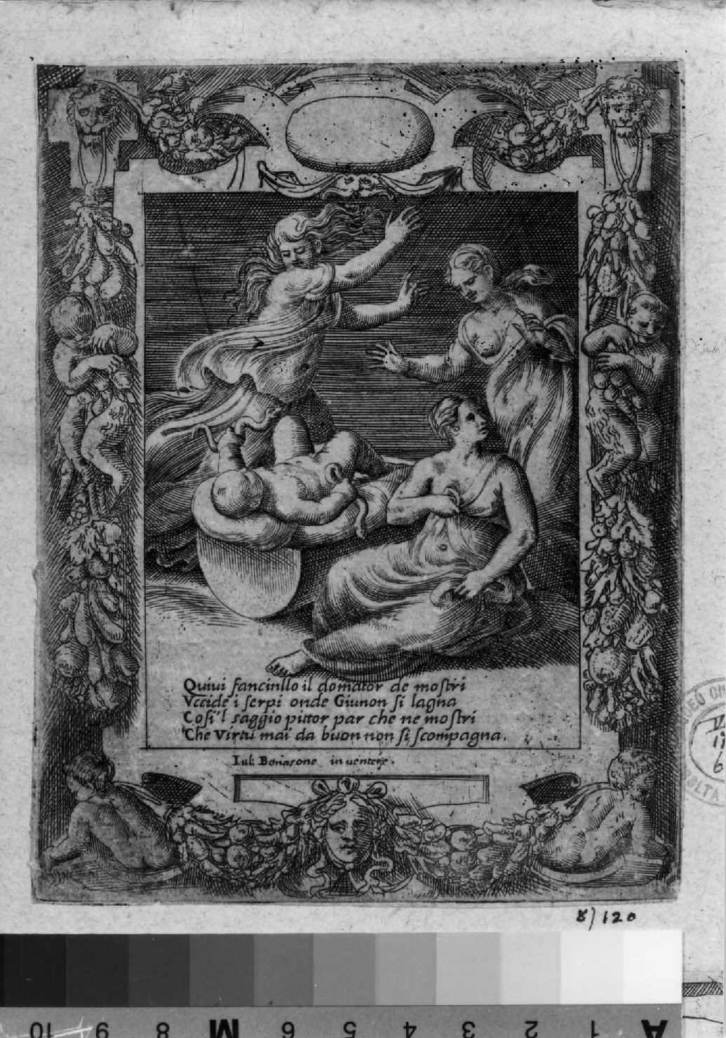 Ercole bambino soffoca i serpenti (stampa smarginata, serie) di Bonasone Giulio (sec. XVI)