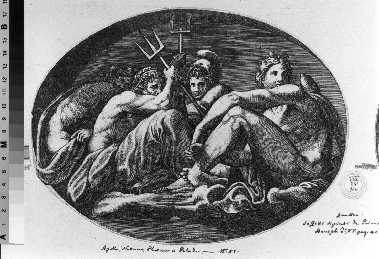 Apollo, Nettuno, Plutone e Pallade (stampa tagliata, serie) di Primaticcio Francesco, Ghisi Giorgio (sec. XVI)