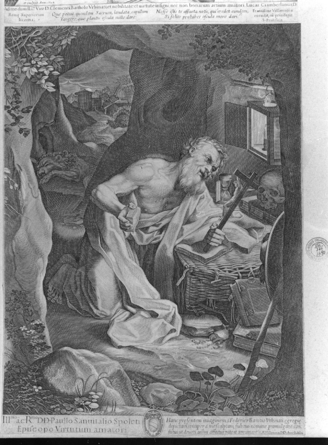 San Girolamo in preghiera nella grotta (stampa smarginata) di Barocci Federico, Villamena Francesco (sec. XVII)