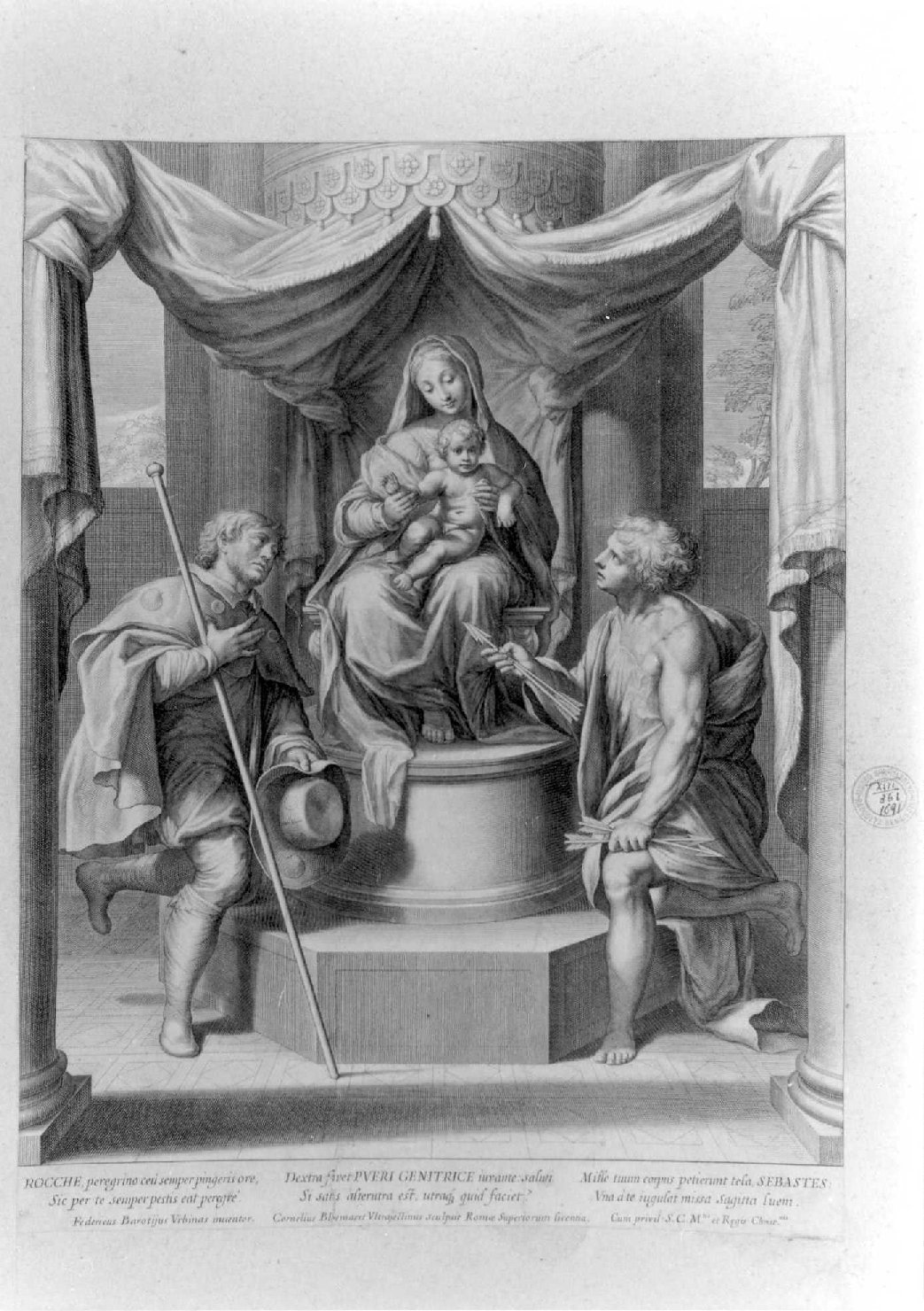 Madonna in trono con Bambino tra San Rocco e San Sebastiano (stampa smarginata) di Barocci Federico, Bloemaert Cornelis il Giovane (terzo quarto sec. XVII)
