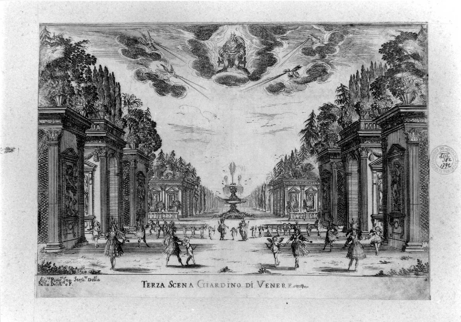 scena di spettacolo (stampa smarginata, serie) di Della Bella Stefano, Parigi Alfonso II (sec. XVII)