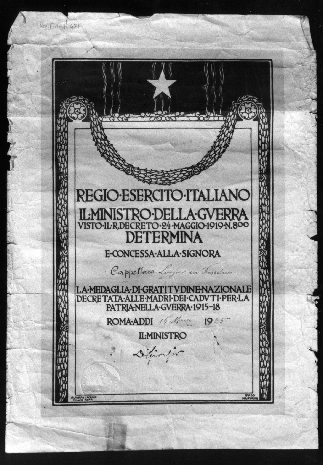 diploma di Marussig Guido, Editori Alfieri&Lacroix (sec. XX)