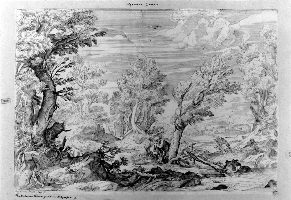 paesaggio con il riposo nella fuga in Egitto (stampa smarginata) di Carracci Agostino, Venenti Giulio Cesare (sec. XVII)
