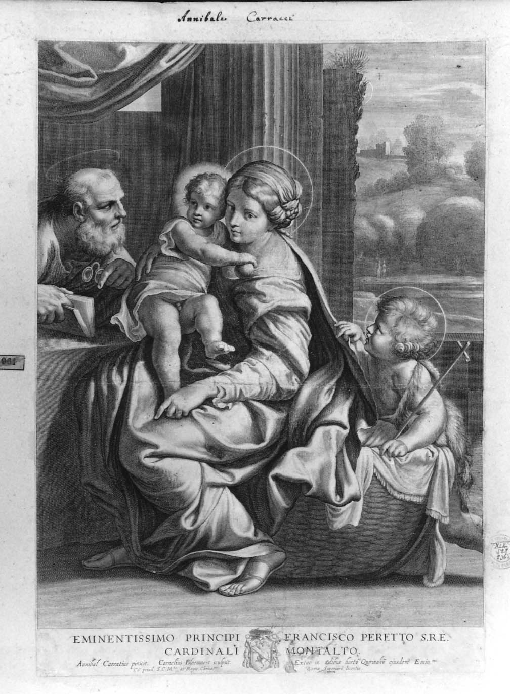 Sacra Famiglia con San Giovannino (stampa smarginata) di Bloemaert Cornelis il Giovane, Carracci Annibale (sec. XVII)