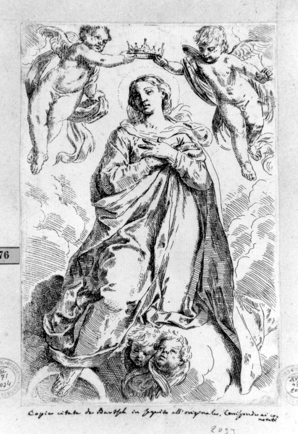 incoronazione di Maria Vergine (stampa) di Cantarini Simone detto Pesarese (sec. XVII)