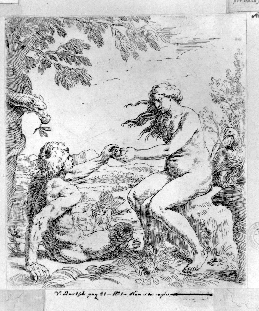 tentazione e caduta di Adamo e Eva (stampa smarginata) di Cantarini Simone detto Pesarese (sec. XVII)