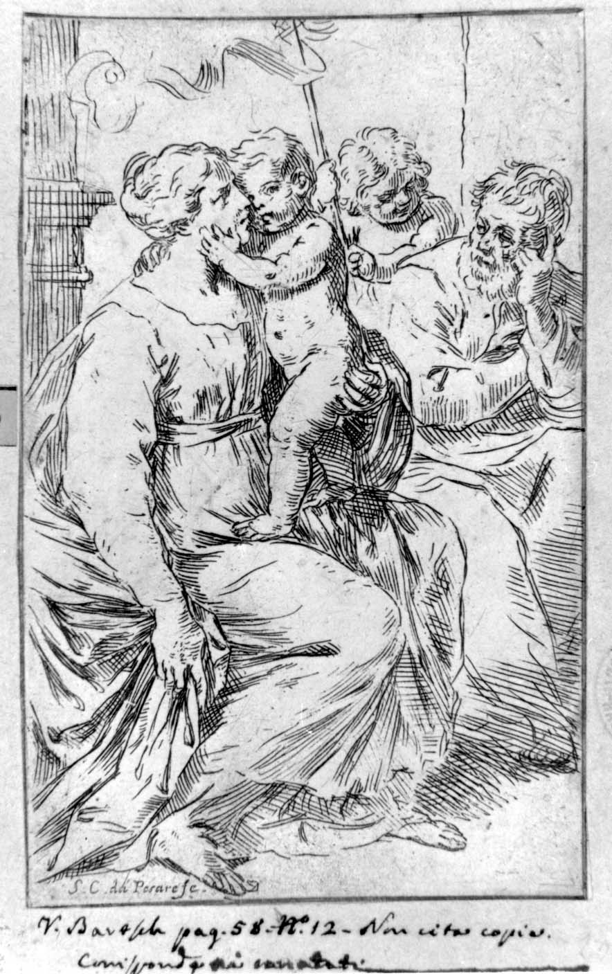 Sacra Famiglia con San Giovannino (stampa smarginata) di Cantarini Simone detto Pesarese (sec. XVII)
