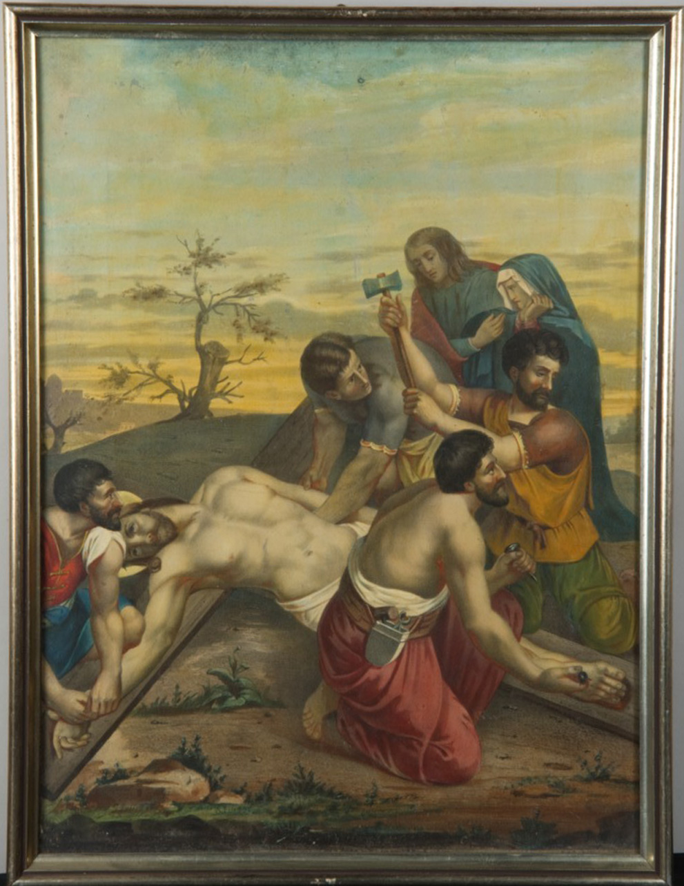stazione XI: Gesù inchiodato alla croce (stampa a colori tagliata, elemento d'insieme) di Pingot Henri Auguste (sec. XIX)