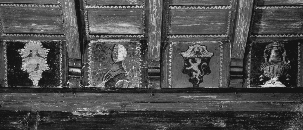stemma, figura femminile, figura maschile, vaso (soffitto dipinto, elemento d'insieme) - ambito piemontese, ambito lombardo (primo quarto sec. XVI)