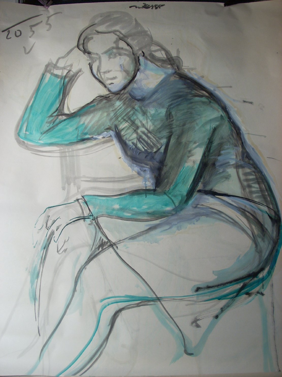 Schizzo in verde e nero 4, figura femminile seduta (disegno) di Ciamarra Elena (sec. XX)