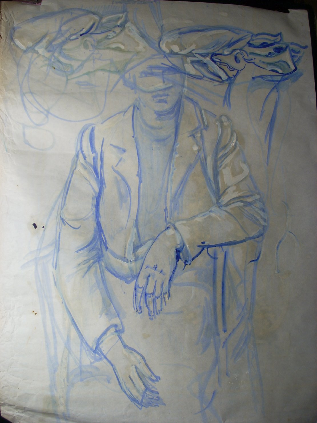 Schizzo di figura e pieghe in blu, figura (disegno) di Ciamarra Elena (sec. XX)