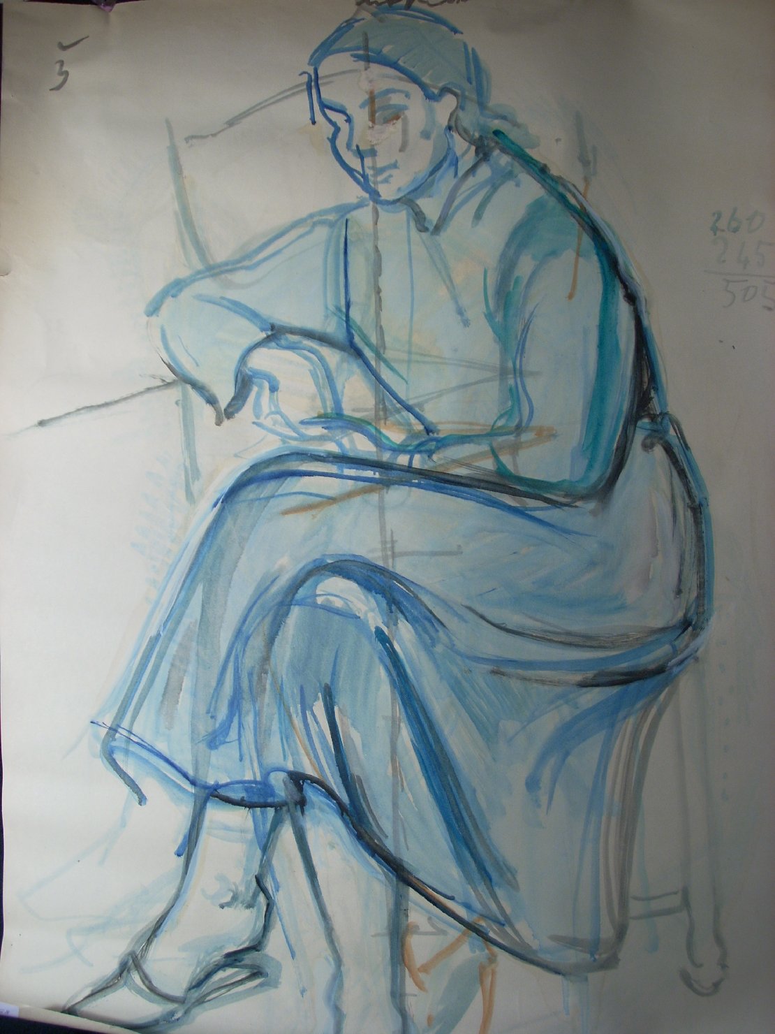 Piccolo schizzo in blu e nero, figura femminile seduta (disegno) di Ciamarra Elena (sec. XX)