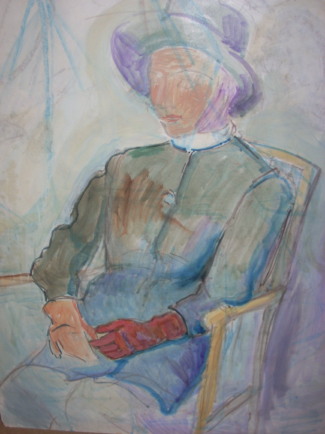 Ritratto di donna con guanti rossi e cappello viola, figura femminile seduta (disegno) di Ciamarra Elena (sec. XX)