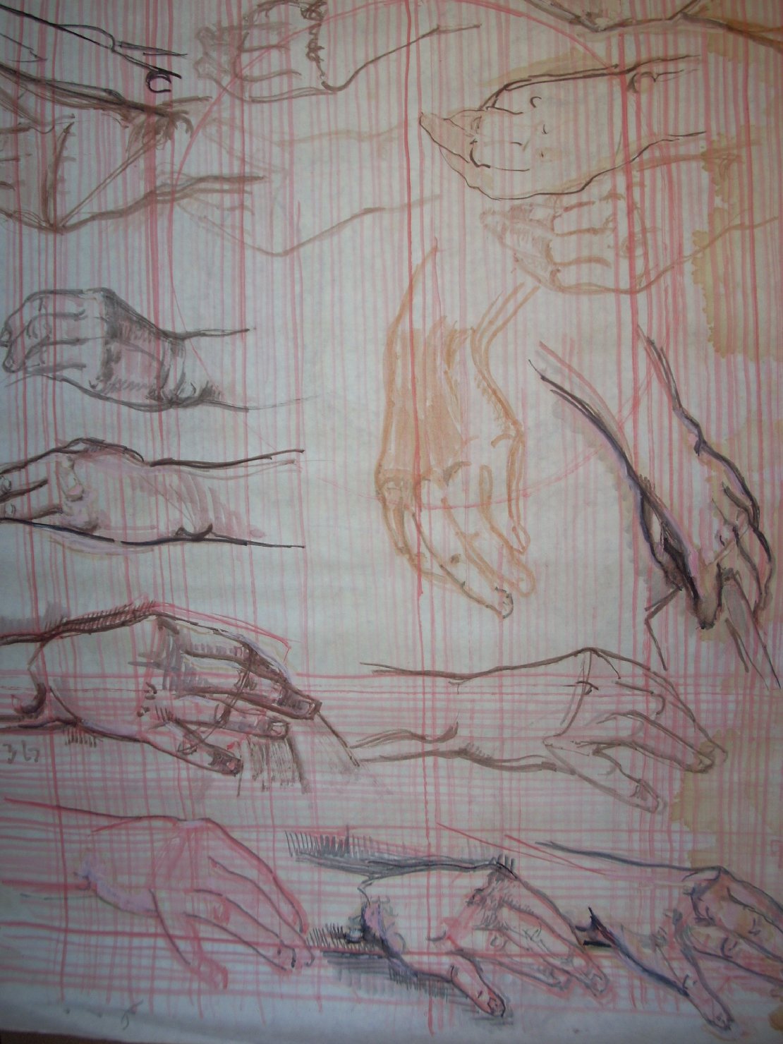 Studio di mani in nero su fondo rosa, studio di mani (disegno) di Ciamarra Elena (sec. XX)