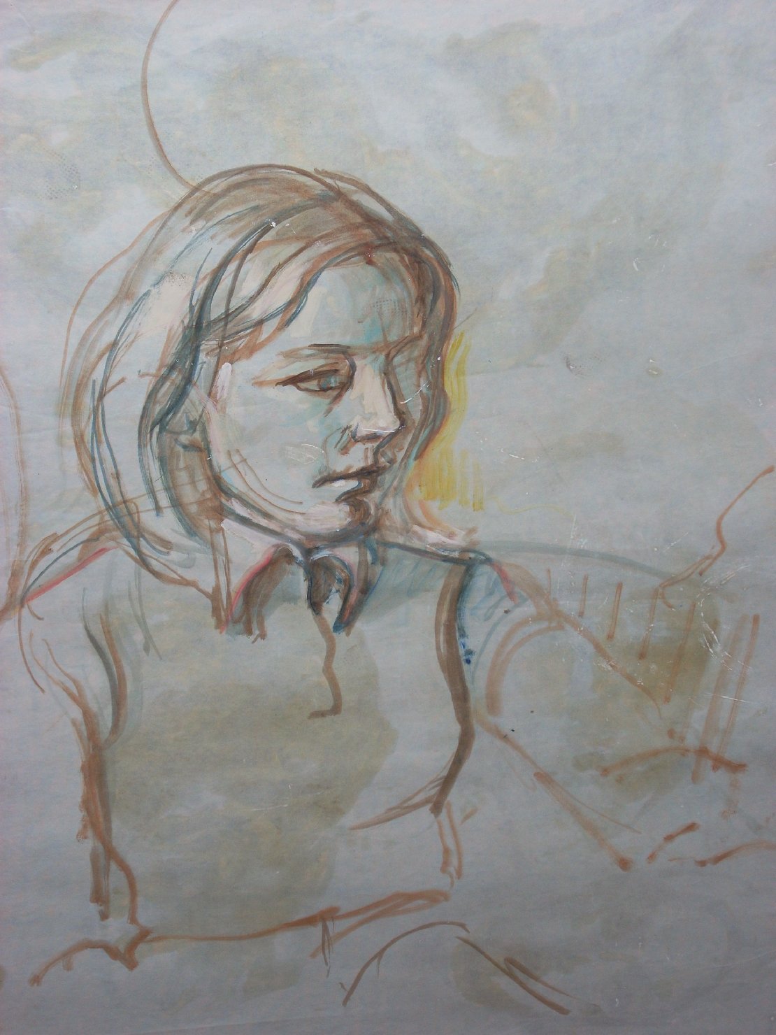 Busto di bambina di tre quarti, figura femminile seduta (disegno) di Ciamarra Elena (sec. XX)