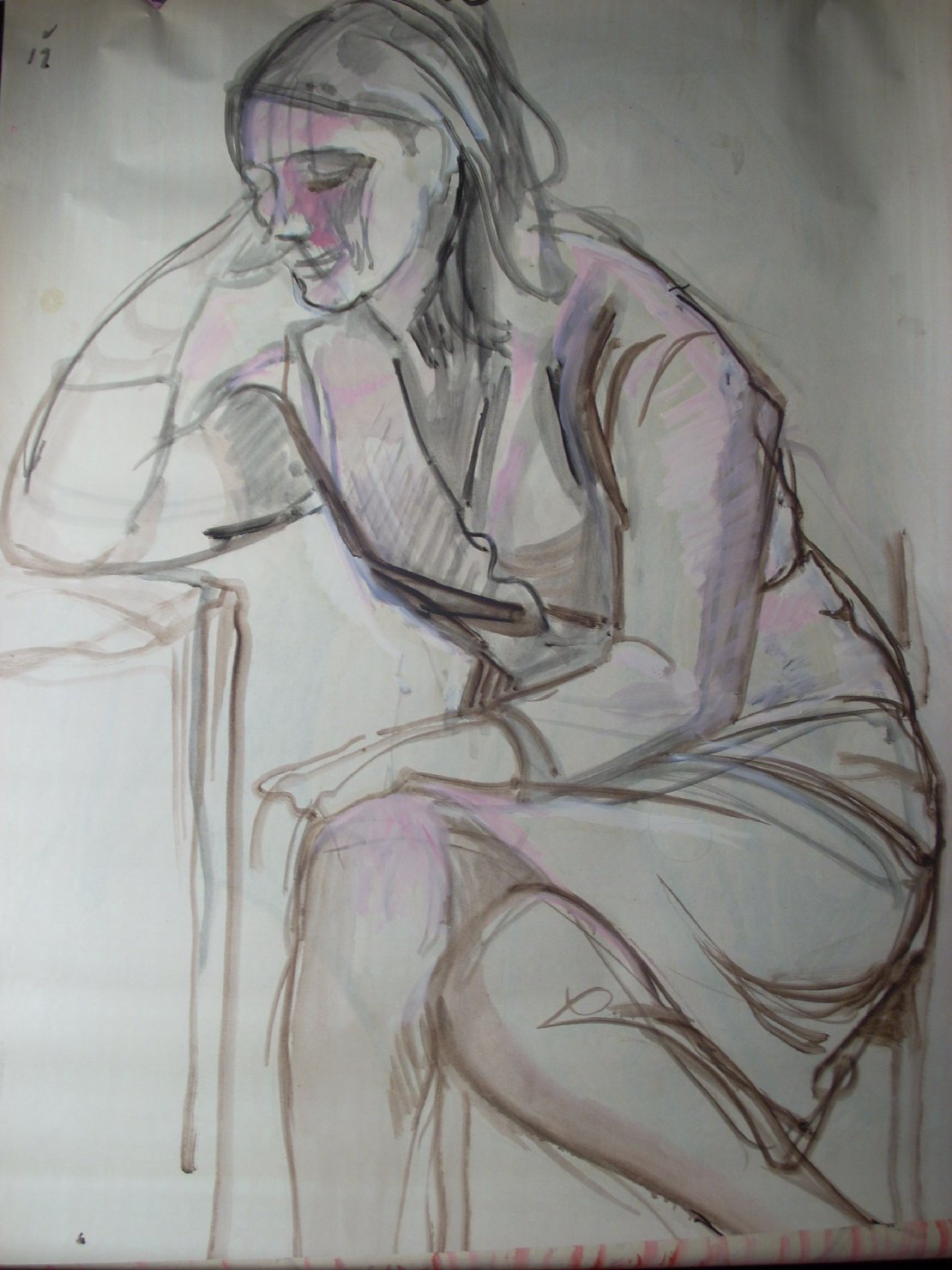 Schizzo in rosa e marrone, figura femminile seduta (disegno) di Ciamarra Elena (sec. XX)