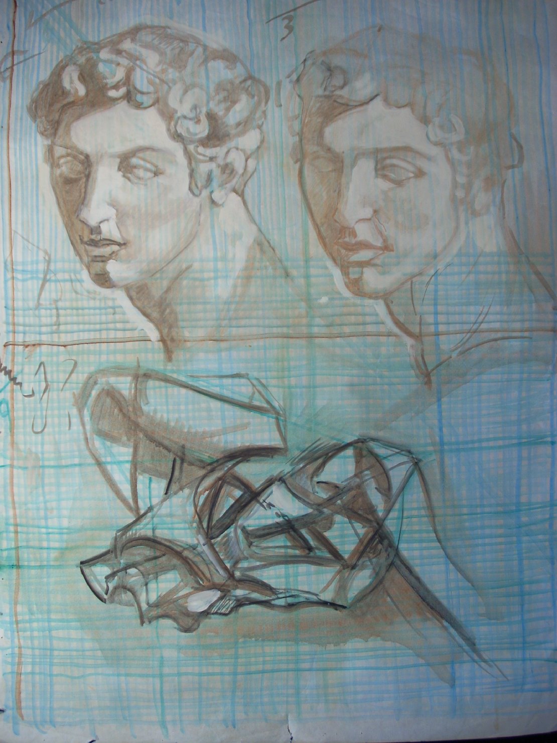 Due teste maschili e una piega in marrone su fondo verde, testa d'uomo (disegno) di Ciamarra Elena (sec. XX)