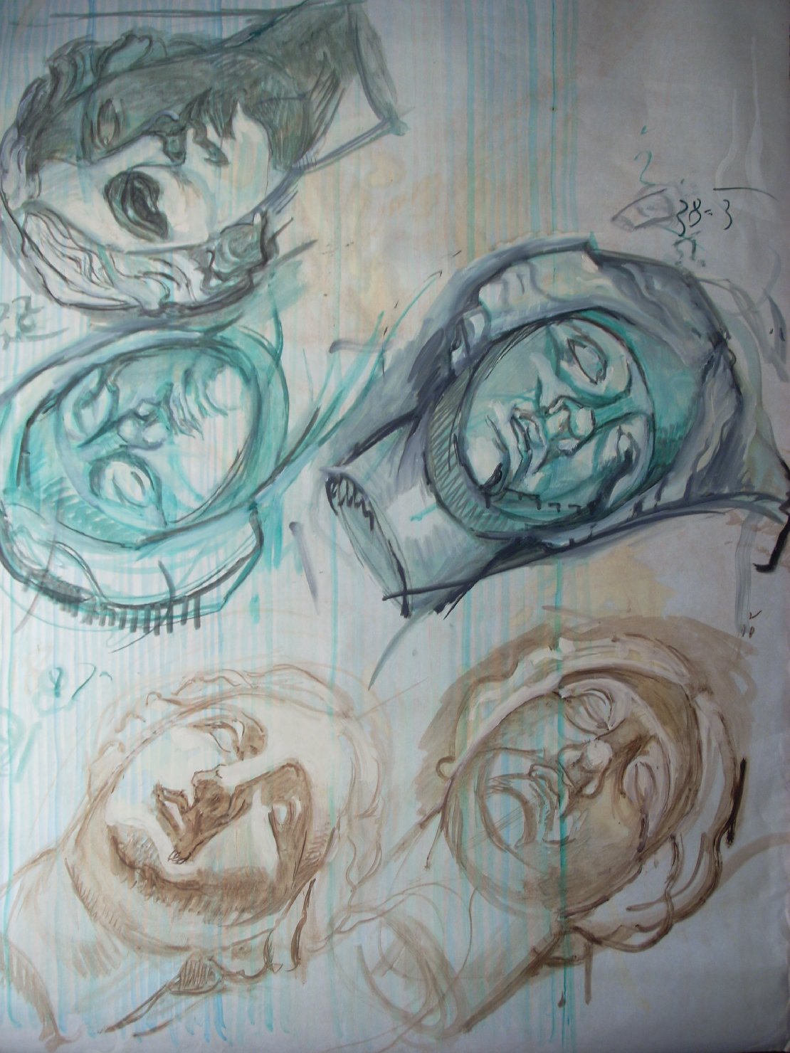 Teste di gesso femminili in verde e senape, testa di donna (disegno) di Ciamarra Elena (sec. XX)