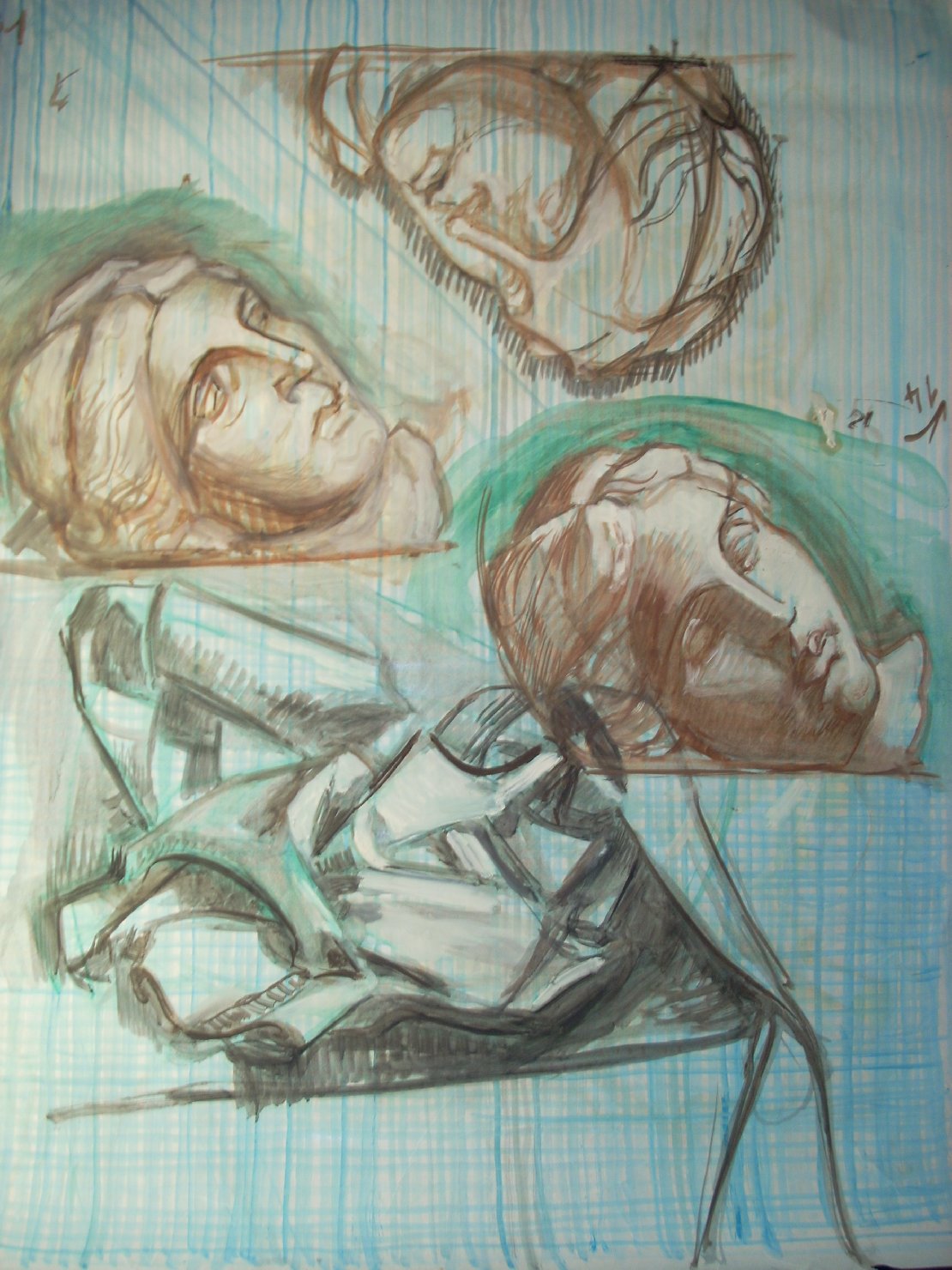 Tre teste femminili in terra di Siena e piega in nero, testa di donna (disegno) di Ciamarra Elena (sec. XX)