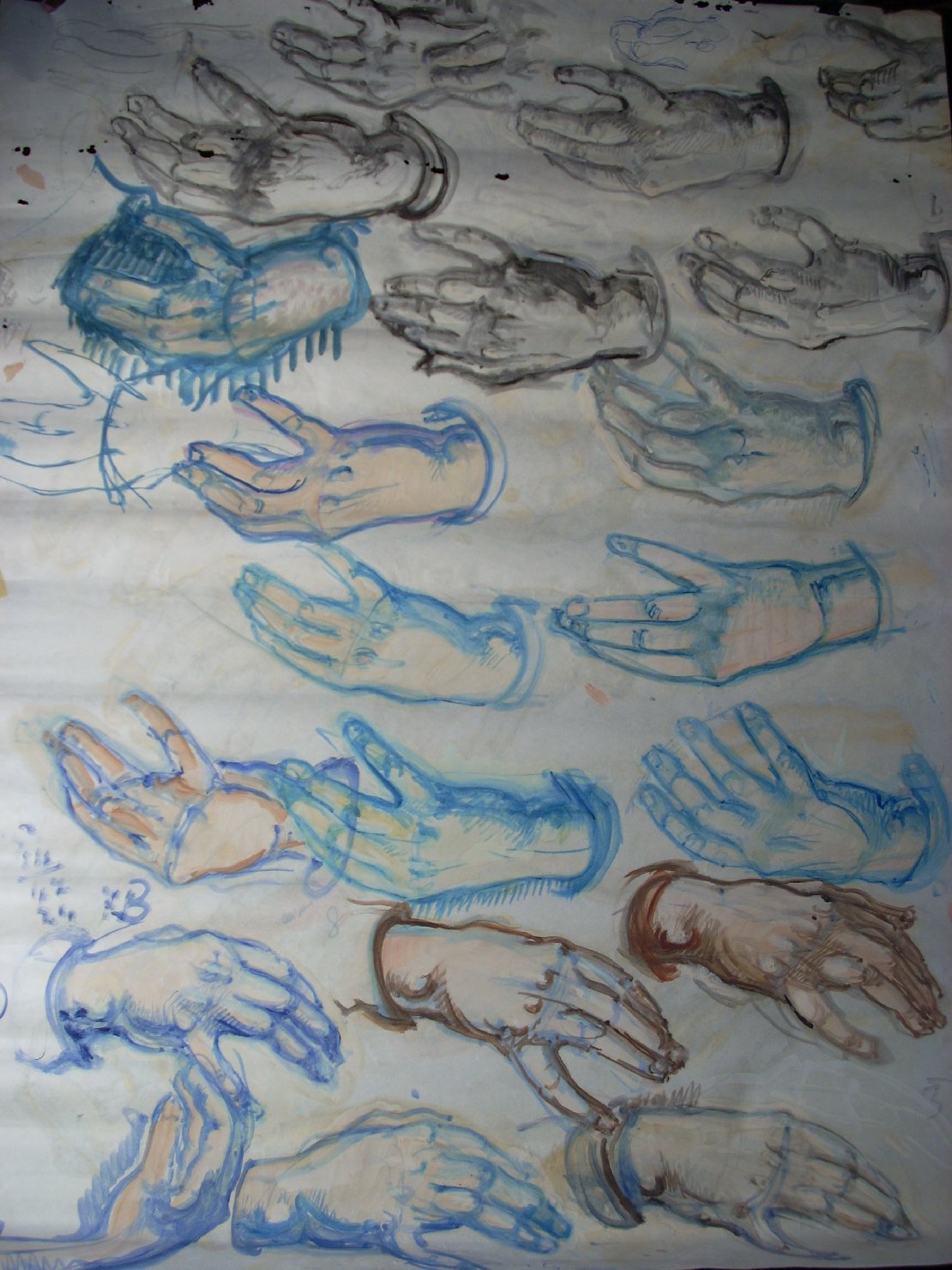 Studio di mani in blu nero e rosa, studio di mani (disegno) di Ciamarra Elena (sec. XX)