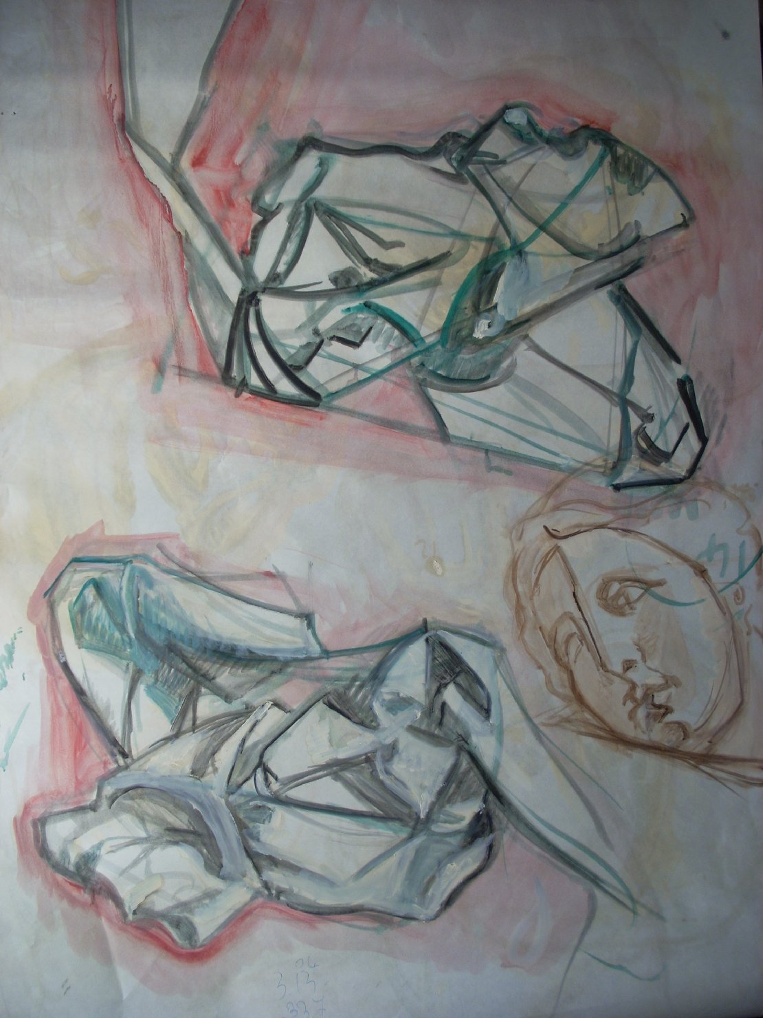 Due pieghe in verde e una testa in marrone, testa di donna (disegno) di Ciamarra Elena (sec. XX)