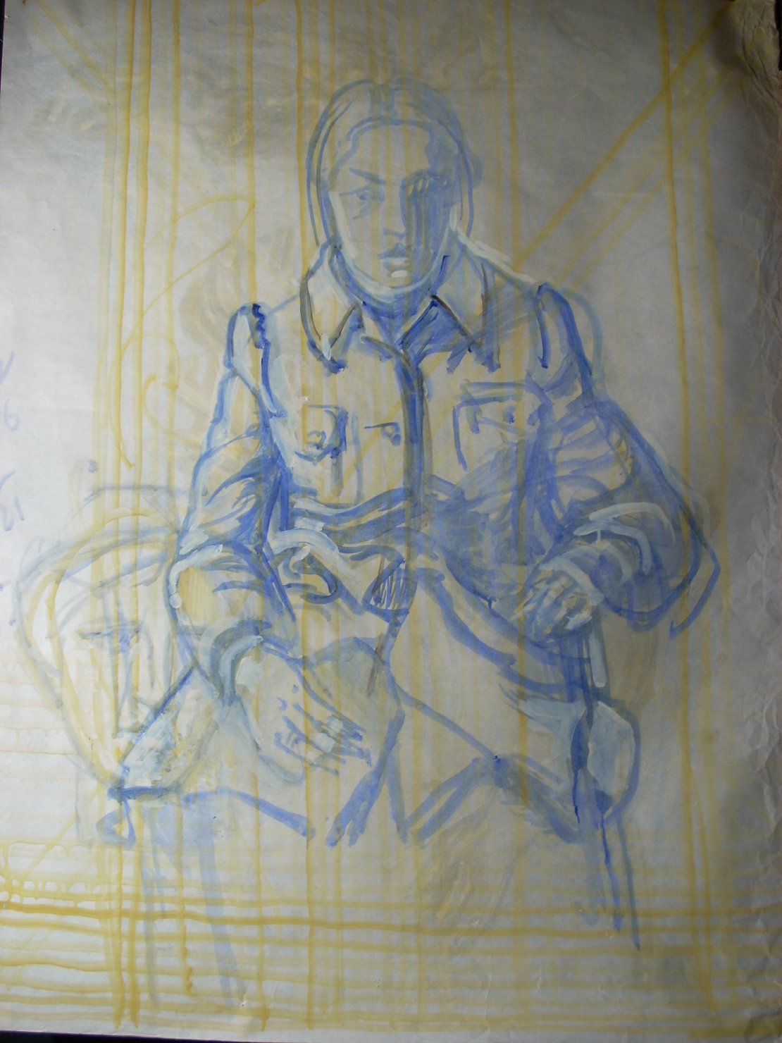 Schizzo in blu e giallo con studio di testa, figure (disegno) di Ciamarra Elena (sec. XX)