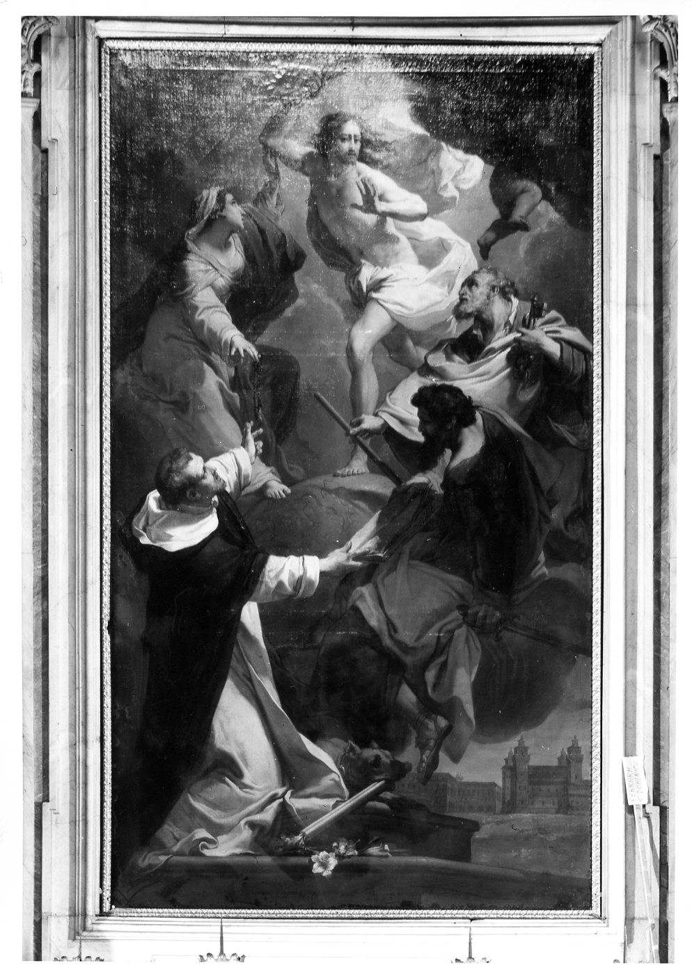 Cristo con la folgore fra Maria e San Pietro sulle nubi e in basso San Domenico e San Paolo (pala d'altare) di Gandolfi Gaetano (sec. XVIII)