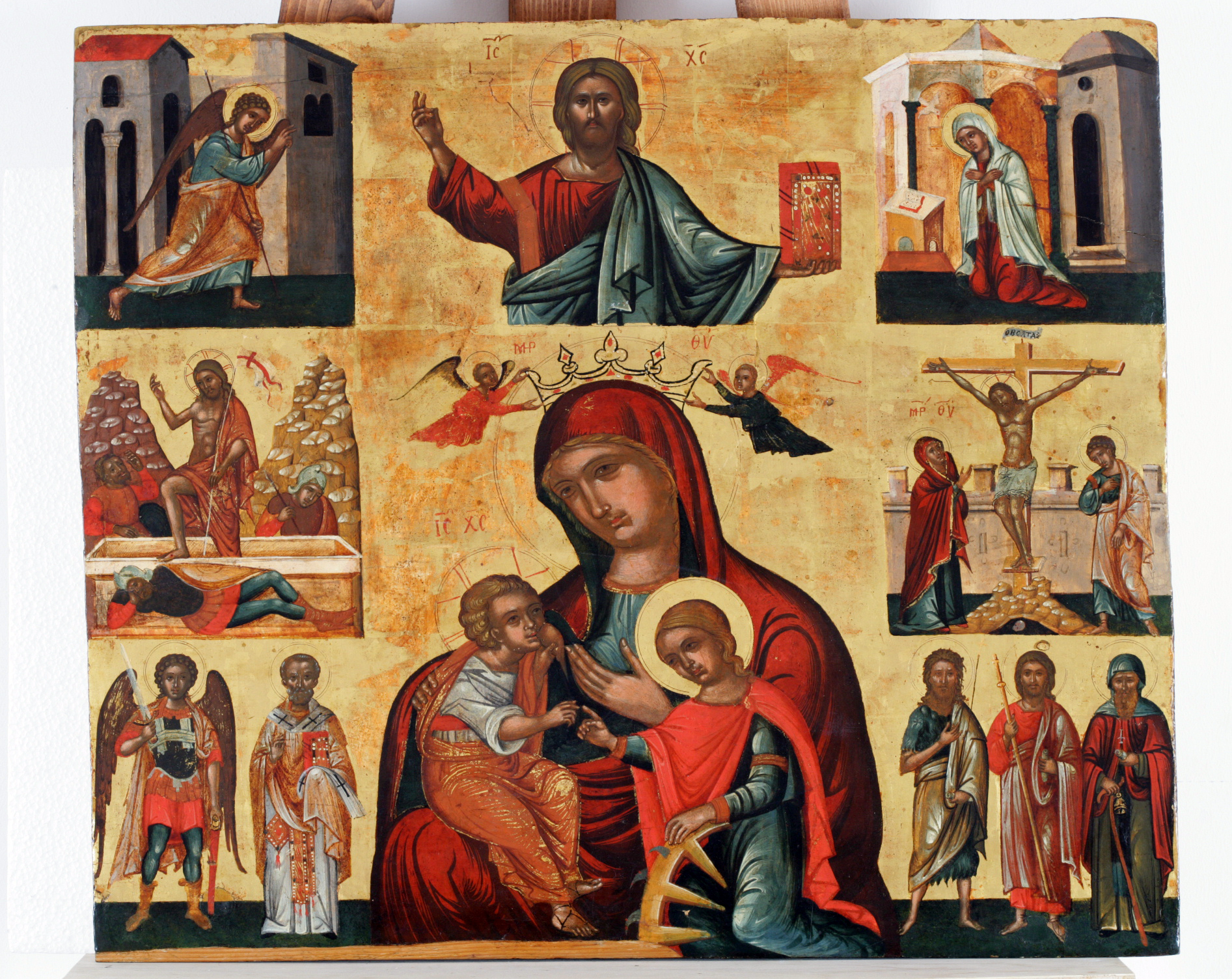 Cristo Pantokrator, Galaktotrophousa e S. Caterina d’Alessandria, Angelo annunciante, Madonna annunciata, Cristo crocifisso con la Madonna e San Giovanni Evangelista, Resurrezione, San Michele Arcangelo e Santi (icona, opera isolata) - scuola cretese-veneziana (sec. XVI)